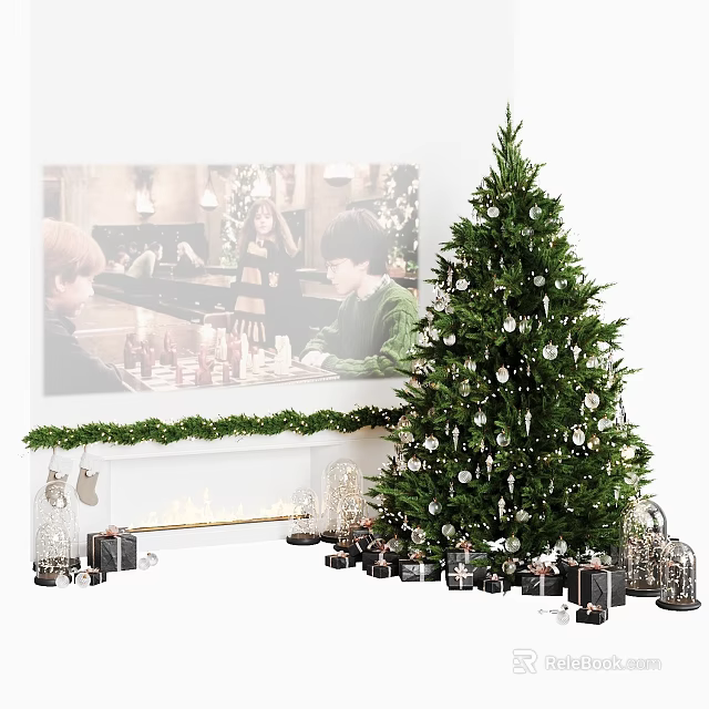 Christmas Decorative Ornaments Set With Tree Fireplace And Tabletop Decor Items 3d model 