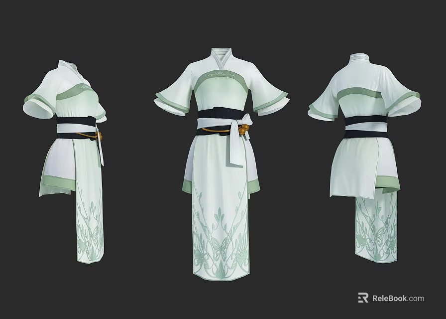Traditional Style Clothes with White and Light Green Design Short Sleeves Belt and Floral Patterns 3d model 