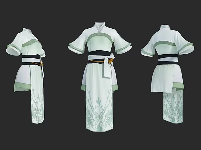 Traditional Style Clothes with White and Light Green Design Short Sleeves Belt and Floral Patterns 3d model