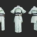 Traditional Style Clothes with White and Light Green Design Short Sleeves Belt and Floral Patterns