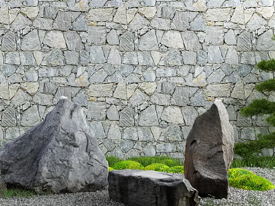 Courtyard Garden Featuring Stone Wall Large Stones Green Plants and Gravel Ground 3d model