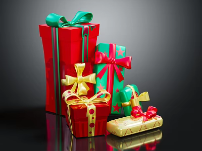 Colorful Gift Boxes With Red Green And Gold Bows And Ribbons 3d model