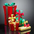Colorful Gift Boxes With Red Green And Gold Bows And Ribbons