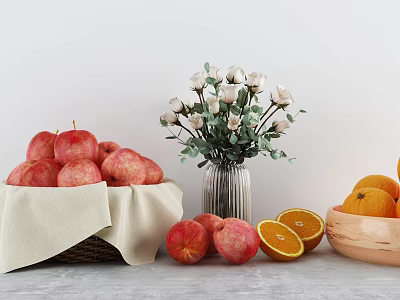 Fresh Red Apples Peaches Oranges in Basket with Sliced Oranges Wooden Bowl 3d model