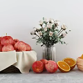 Fresh Red Apples Peaches Oranges in Basket with Sliced Oranges Wooden Bowl