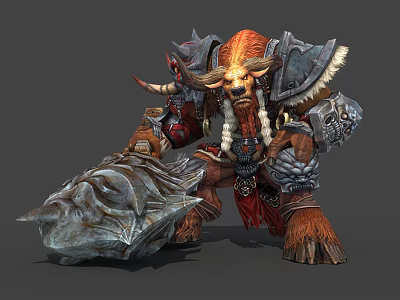 Horned Bull Warrior Game Character With Red Mane Armored Body And Giant Weapon 3d model
