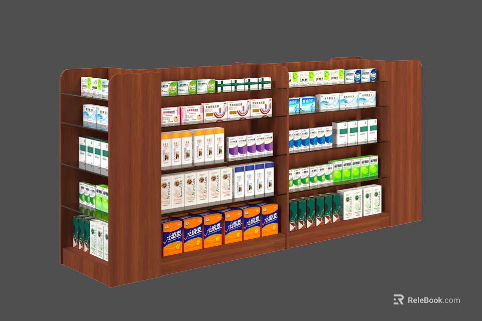 Wooden Multi Tier Retail Display Shelves With Various Packaged Products For Store 3d model 