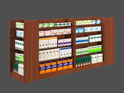 Wooden Multi Tier Retail Display Shelves With Various Packaged Products For Store 3d model
