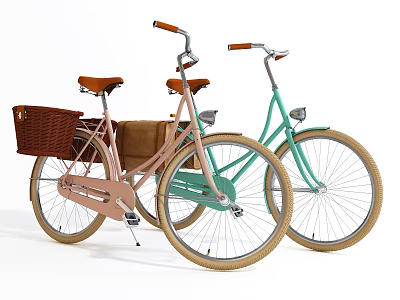 Pastel Pink and Mint Green Bicycles with Brown Seats Handlebars Wicker Basket Rear Bag Cream Tires 3d model