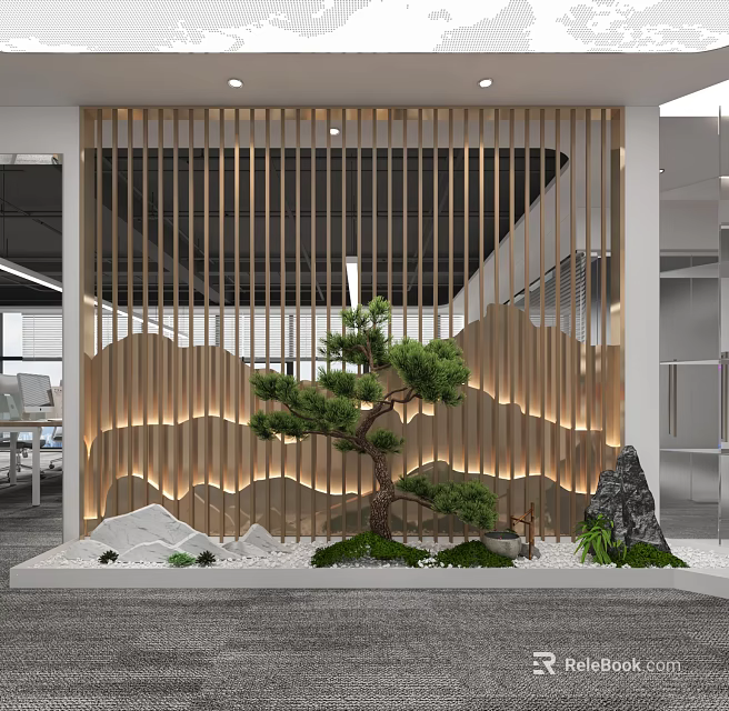 Indoor Miniature Garden Scene With Rockery Pine Tree Moss And Lit Screen Background 3d model 