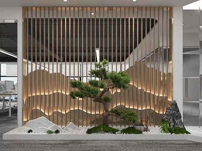 Indoor Miniature Garden Scene With Rockery Pine Tree Moss And Lit Screen Background 3d model
