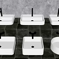 Different Shaped White Washbasins Displayed On Dark Tiled Wall With Faucets 3d model