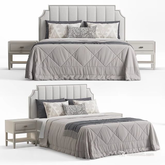 Modern Double Bed With Gray Diamond Pattern Bedding Pillows And Nightstands 3d model