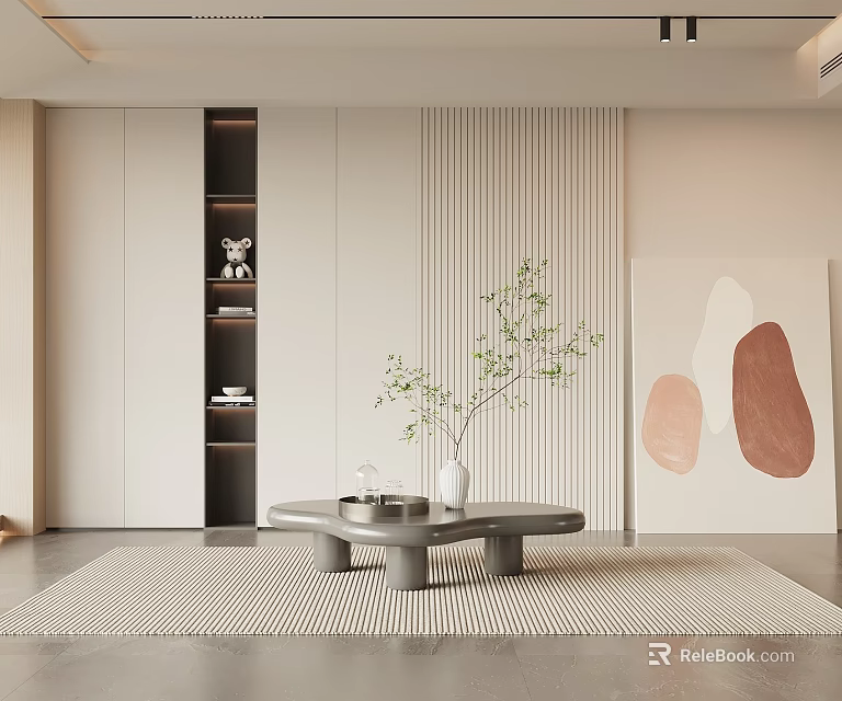 Modern Minimalist Living Room Interior With Coffee Table Abstract Painting Striped Wall And Greenery Vase 3d model 