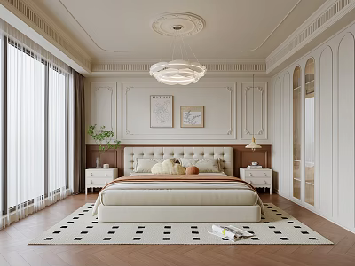 Modern Bedroom Interior With Large Bed Chandelier Nightstands Green Plant And Geometric Rug 3d model