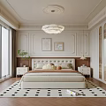 Modern Bedroom Interior With Large Bed Chandelier Nightstands Green Plant And Geometric Rug