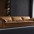 Modern Three Seater Tan Leather Sofa With Plush Cushions And Round Coffee Table