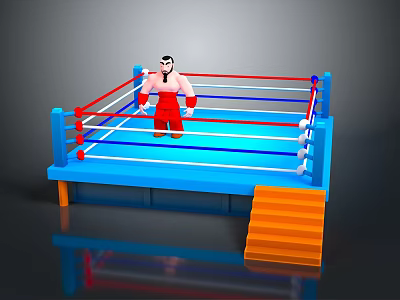 Man Standing in Blue Boxing Ring with Red Blue Ropes and Orange Steps 3d model