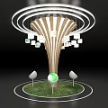 Modern Art Installation Featuring Circular Light Rings Tree Structure Hanging Square Panels Grass Green Sphere 3d model