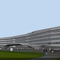 Modern Hospital Building With Glass Curtain Wall Streamlined Design Lawn Area And Pedestrians Walking