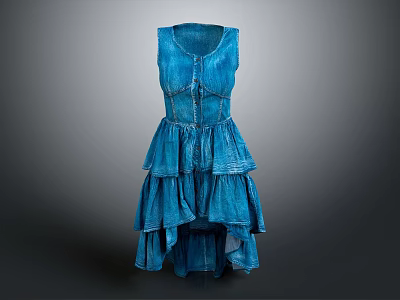 Blue Sleeveless Dress With Layered Ruffled Skirt And Fitted Waist Design 3d model