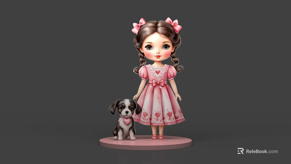 Cute Girl In Pink Heart Patterned Dress With Pigtails And Small Dog On Pink Base 3d model 