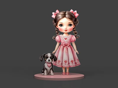 Cute Girl In Pink Heart Patterned Dress With Pigtails And Small Dog On Pink Base 3d model