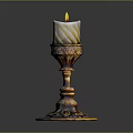 Decorative Carved Candlestick With Lit White Striped Candle And Flame