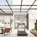 Modern Home Balcony with Glass Roof White Cabinets Treadmill and Green Plants