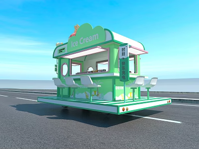 Green Ice Cream Cart Photo Spot With Seats And Outdoor Decorative Design 3d model
