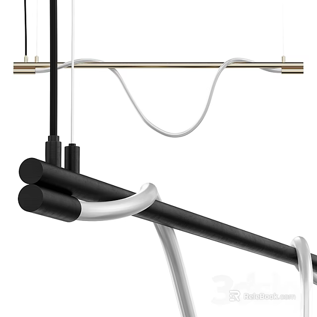 Modern Chandelier Design With Black Cylindrical Rods And White Curved Lines 3d model 
