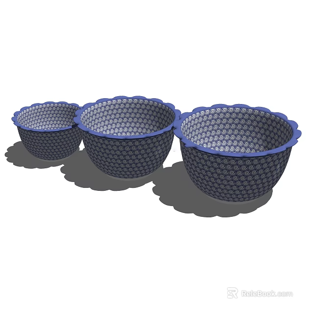 Blue And White Pattern Tableware Set With Three Scalloped Edge Bowls 3d model 