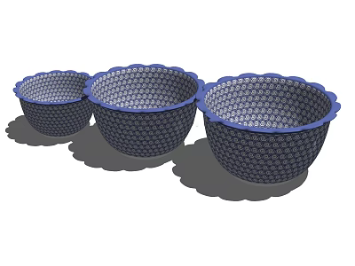 Blue And White Pattern Tableware Set With Three Scalloped Edge Bowls 3d model