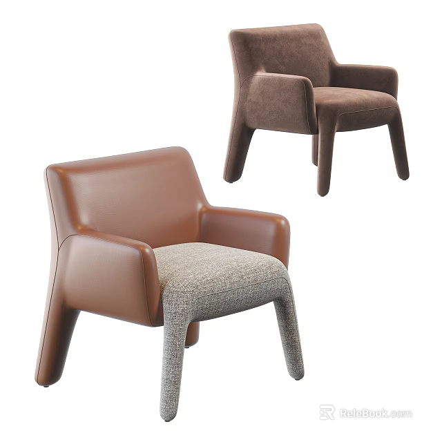 Brown Leather And Fabric Accent Chair Modern Minimalist Comfortable Home Furniture 3d model 