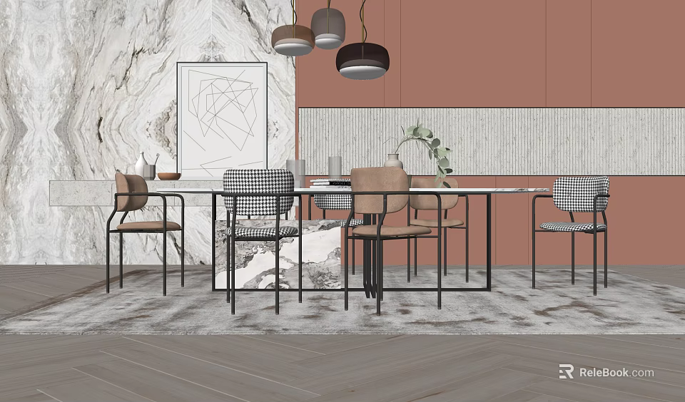 Modern Dining Table Set With Glass Top And Patterned Chairs Pendant Lights Marble Wall Interior 3d model