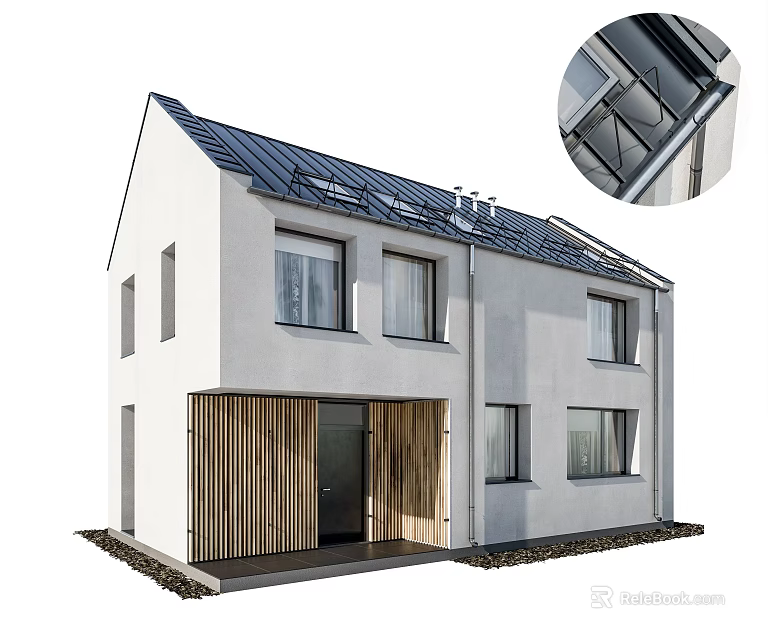 Detached Villa With White Exterior Dark Roof Solar Panels And Wooden Slatted Porch 3d model 