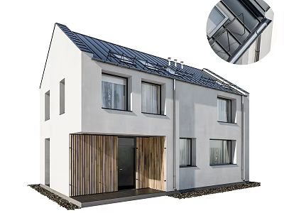 Detached Villa With White Exterior Dark Roof Solar Panels And Wooden Slatted Porch 3d model