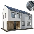 Detached Villa With White Exterior Dark Roof Solar Panels And Wooden Slatted Porch