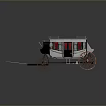 Vintage Horse Carriage With Black White Body Red Curtains And Wooden Wheels With Orange Spokes