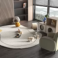 Stylish Shaped Rug in Modern Kids Play Area with Toy Car Building Blocks and Chair