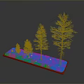 Different Sizes Pine Trees Growing On Green Grass With Red Border Base