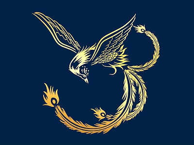 Carved Golden Phoenix with Spread Wings Long Tail Feathers and Flame Decorations on Blue Background 3d model