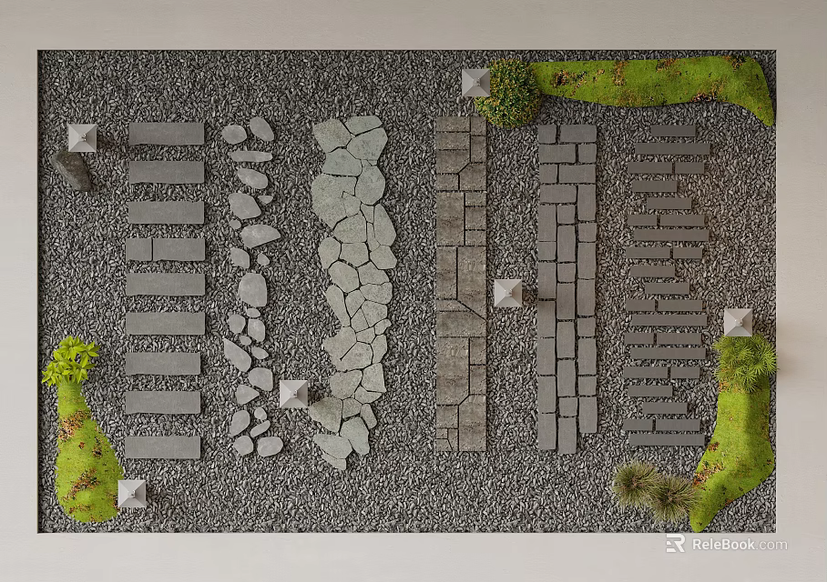 Natural Stone Stepping Stones With Various Designs On Gravel Surface And Small Green Plants 3d model 