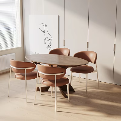 Modern Minimalist Dining Table Set with Oval Wooden Table and Brown Metal Leg Chairs 3d model