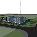 Modern School Building with Glass Curtain Wall and Open Design People Nearby and Blue Car