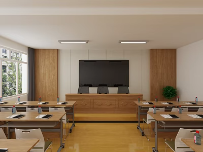 Modern Conference Room Interior With Wooden Walls Large Screen Tables Chairs And Natural Light 3d model