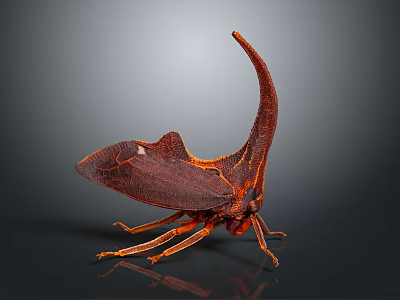 Detailed Reddish Brown Cicada Sculpture With Long Horn And Texture On Dark Reflective Background 3d model