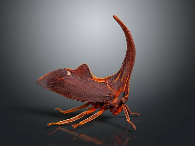 Detailed Reddish Brown Cicada Sculpture With Long Horn And Texture On Dark Reflective Background 3d model