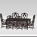 Dark Wood Dining Table Set With Six Carved Backrest Chairs And Light Colored Cushions