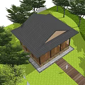 Modern Wooden Cabin With Glass Walls Stone Base Green Lawn And People Silhouettes